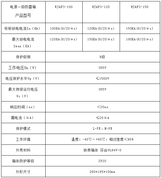 電源一級防雷箱WJAF3-100技術參數